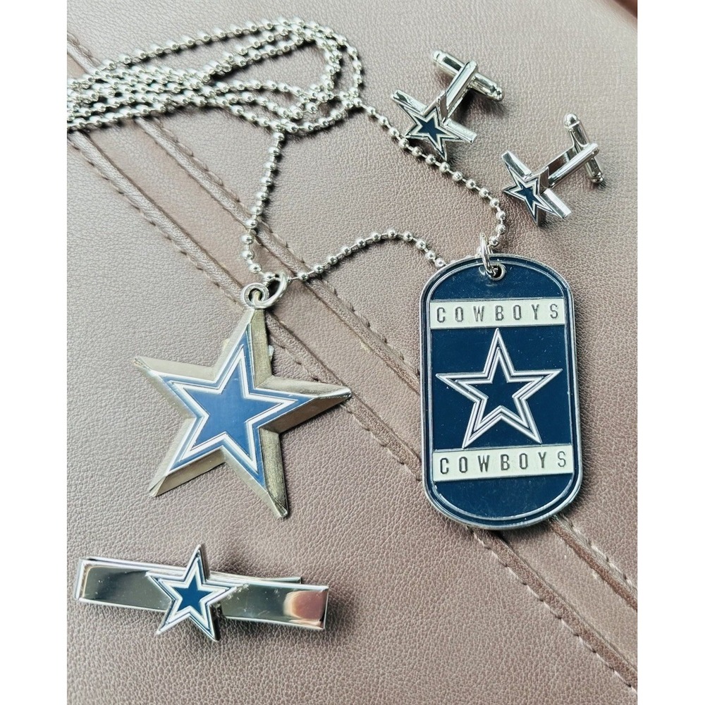 Dallas Cowboys Dog Tag Necklace + Star Charm + Tie Bar + Cufflinks Licensed MINT